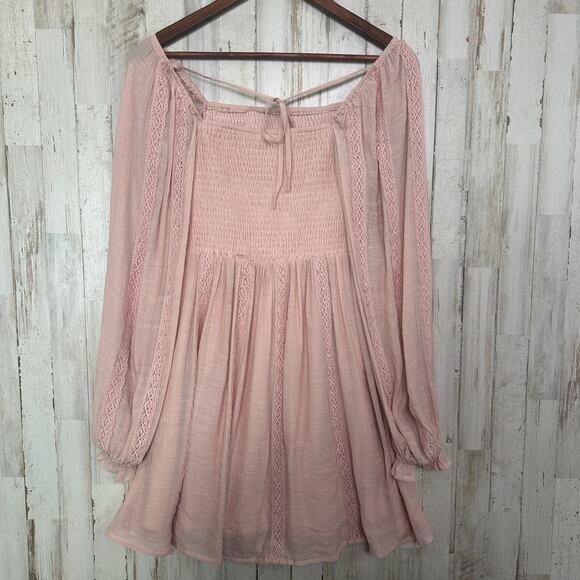 Smocked Mini Dress Small Pink Puff Sleeve Soft Girl Coquette Cottagecore Flowy - Picture 2 of 9